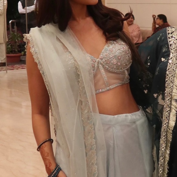 Light Blue Corset Style Embroidered Saree - Picture 3 of 3